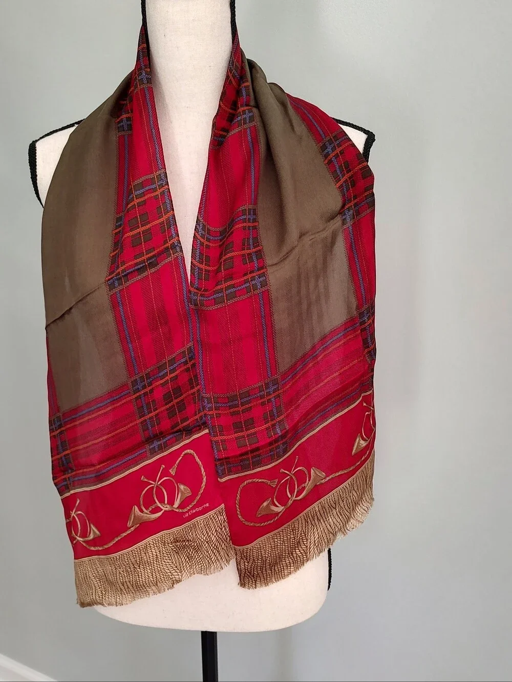 Vintage Liz Claiborne Japanese Silk Stole Scarf Equestrian Hunt Red Gold Horns